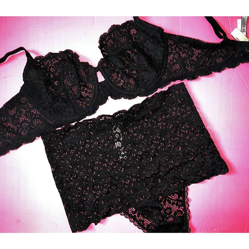 NWT Victoria's Secret unlined 36D BRA SET M High-waist thong BLACK lace
